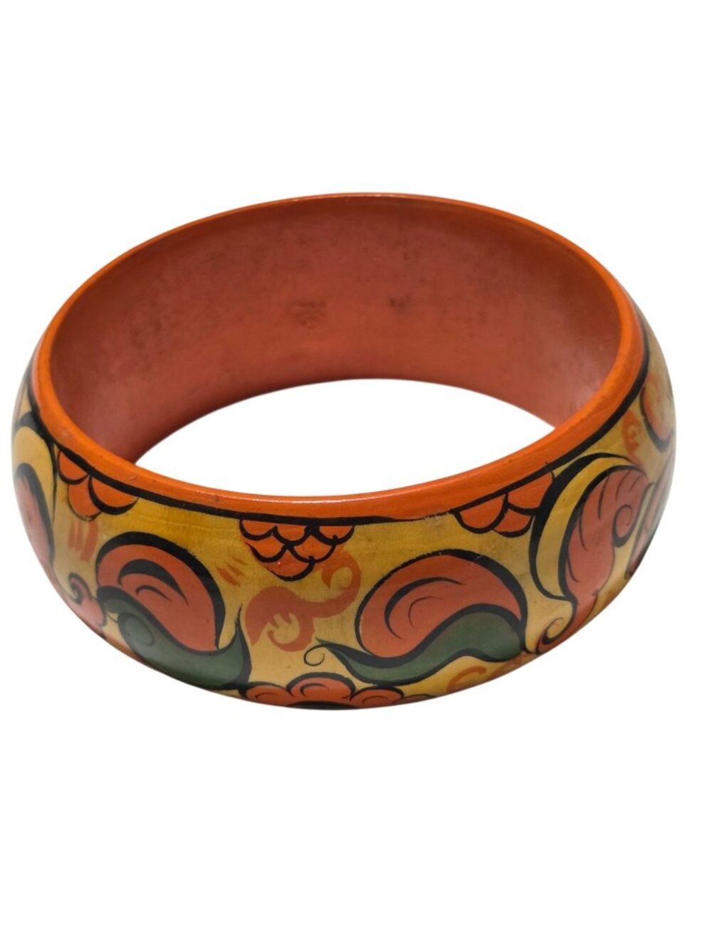 Hand Painted Wooden Bangle Bracelet Orange Yellow Green Design Fashion Jewelry